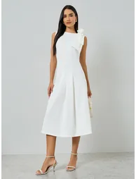 White Sleeveless Midi Dress with Flower Corsage - 2
