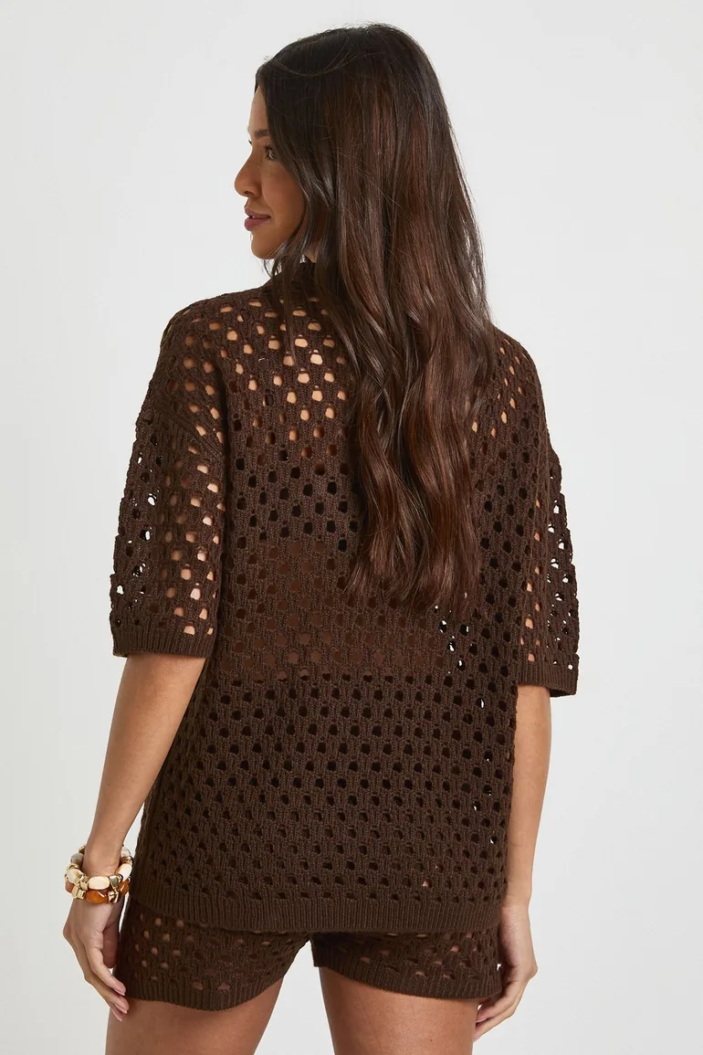 Crochet Oversized Knitted Shirt and Short Set - chocolate - 1