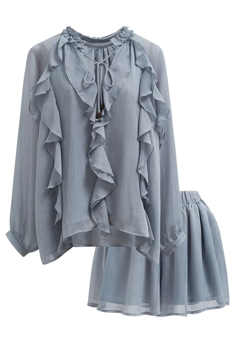 Breezy Ruffle Tie-Neck Chiffon Top and Shorts Set in Dusty Blue - 10