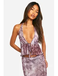 Snake Print Mesh Tie Front Ruffle Cami Top - 1