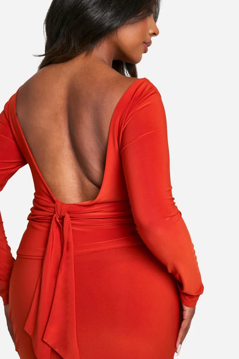 Plus Double Layer Slinky Long Sleeve Scoop Back Bow Detail Top & Maxi Skirt Co-ord - rust - 3
