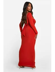 Plus Double Layer Slinky Long Sleeve Scoop Back Bow Detail Top & Maxi Skirt Co-ord - rust - 1