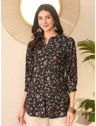 Black Cotton Blend Floral Printed Regular Top - 4