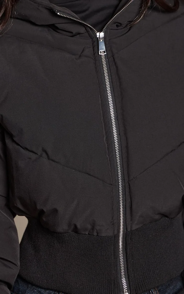 Black Ribbed Hem Crop Puffer Jacket - 3