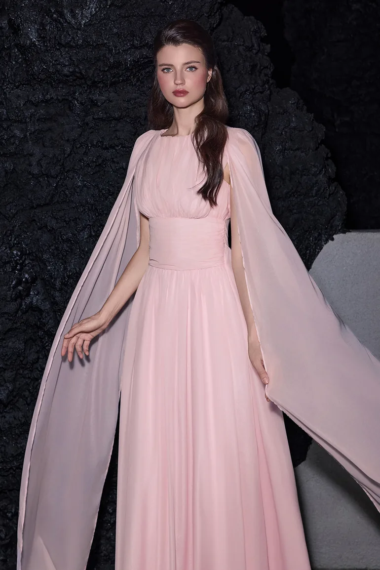 Solid Crumpled Cape Sleeve Maxi Dress - 1