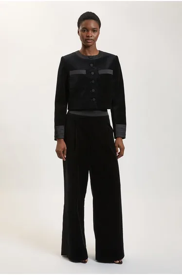 Petite Velvet Tailored Collarless Blazer