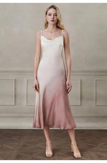 Drape Neck Ombre Satin Cami Dress in Pink