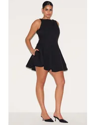 Plus Black Woven Pleated Slash Neck Shift Dress - 5