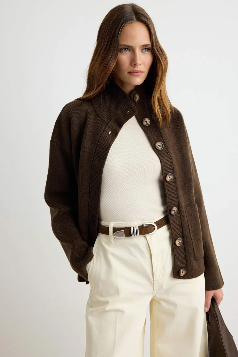 Brown Soft Textured Stand Collar Pocketed Knitwear Cardigan - 1