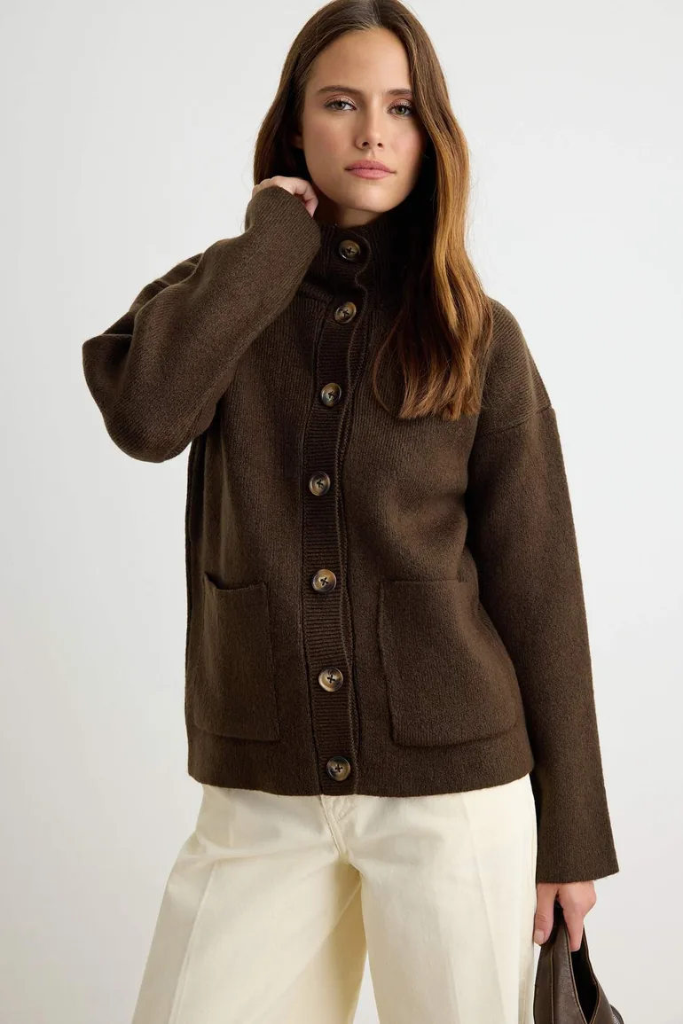 Brown Soft Textured Stand Collar Pocketed Knitwear Cardigan