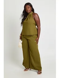 Plus Chiffon Mid Rise Wide Leg Trousers - olive