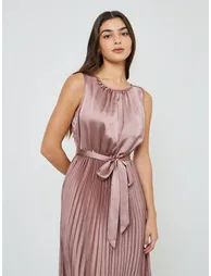 Pink Satin Pleated Midi Dress with Tie Waist - 1