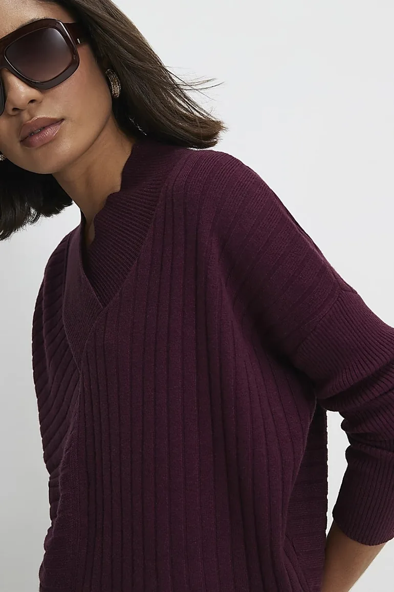 Red Cotton V Neck Ribbed Jumper - 1
