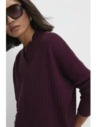 Red Cotton V Neck Ribbed Jumper - 1