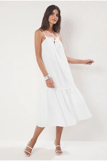 White Wide Cut Tie Detail Midi Muslin Woven Dress