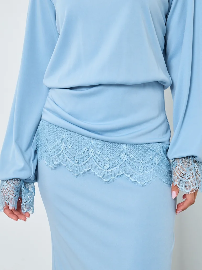 Women Lace Cuff Blouson Style Midi Dress - 3