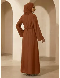 Women Brown Embellished Abaya with Hijab - 2