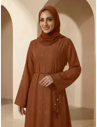 Women Brown Embellished Abaya with Hijab - 4