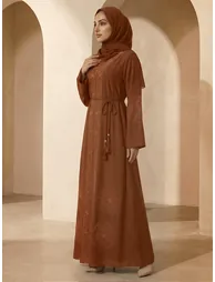 Women Brown Embellished Abaya with Hijab - 1