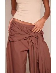 Chocolate Cotton Linen Blend Wrap Detail Straight Leg Trousers - 3
