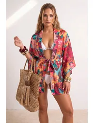 Yellow-Multicolor Animal Belted Short / Mini Woven 100% Polyester Kimono & Kaftan
