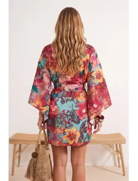 Yellow-Multicolor Animal Belted Short / Mini Woven 100% Polyester Kimono & Kaftan - 5