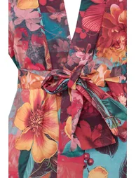 Yellow-Multicolor Animal Belted Short / Mini Woven 100% Polyester Kimono & Kaftan - 2
