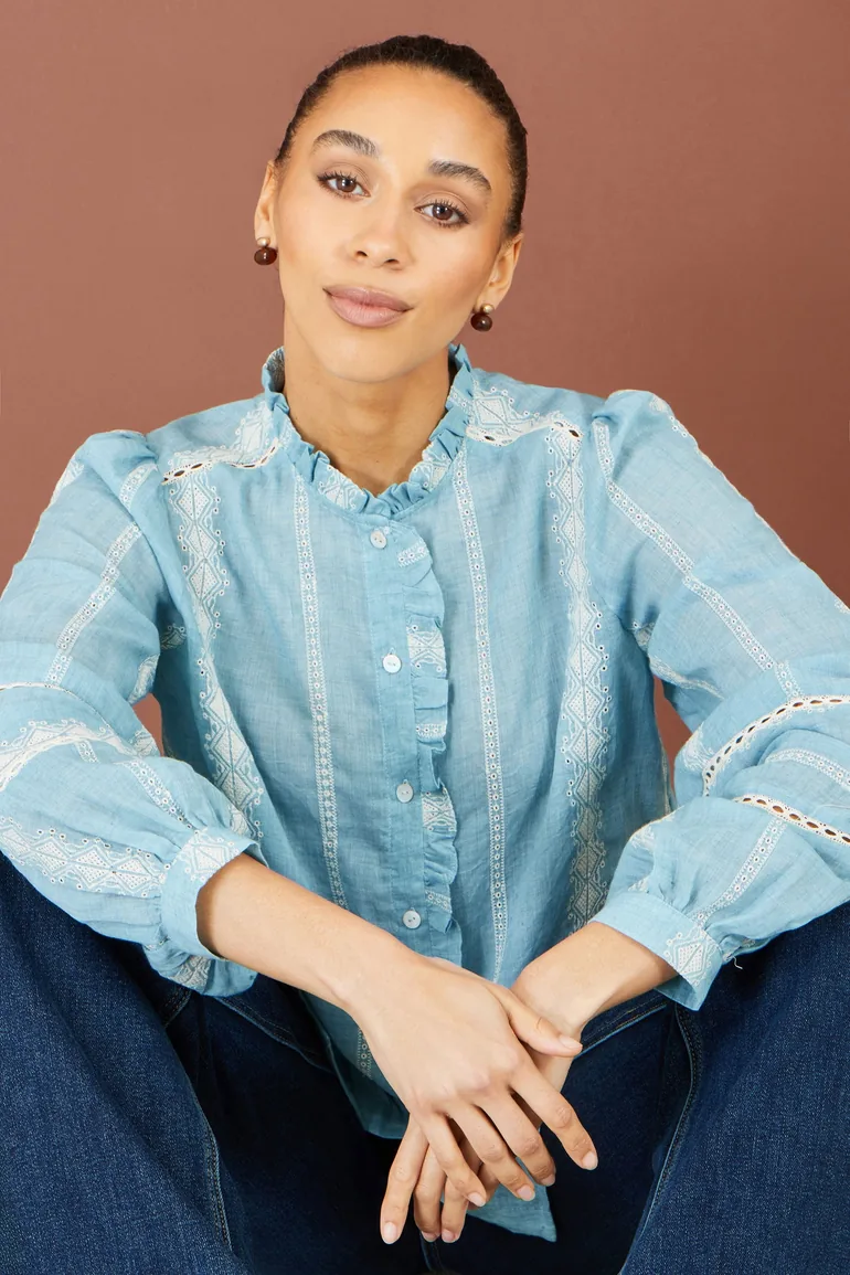 Yumi Blue Cotton Embroidered Panel Shirt - 2