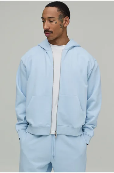 Heavyweight Oversized Boxy Zip Through Hoodie - light blue