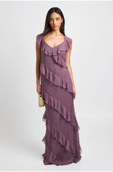 Chiffon Ruffle Detail Maxi Dress - mauve