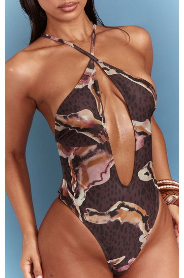Brown Animal Print Plunge High Leg Swimsuit product thumbnail 3