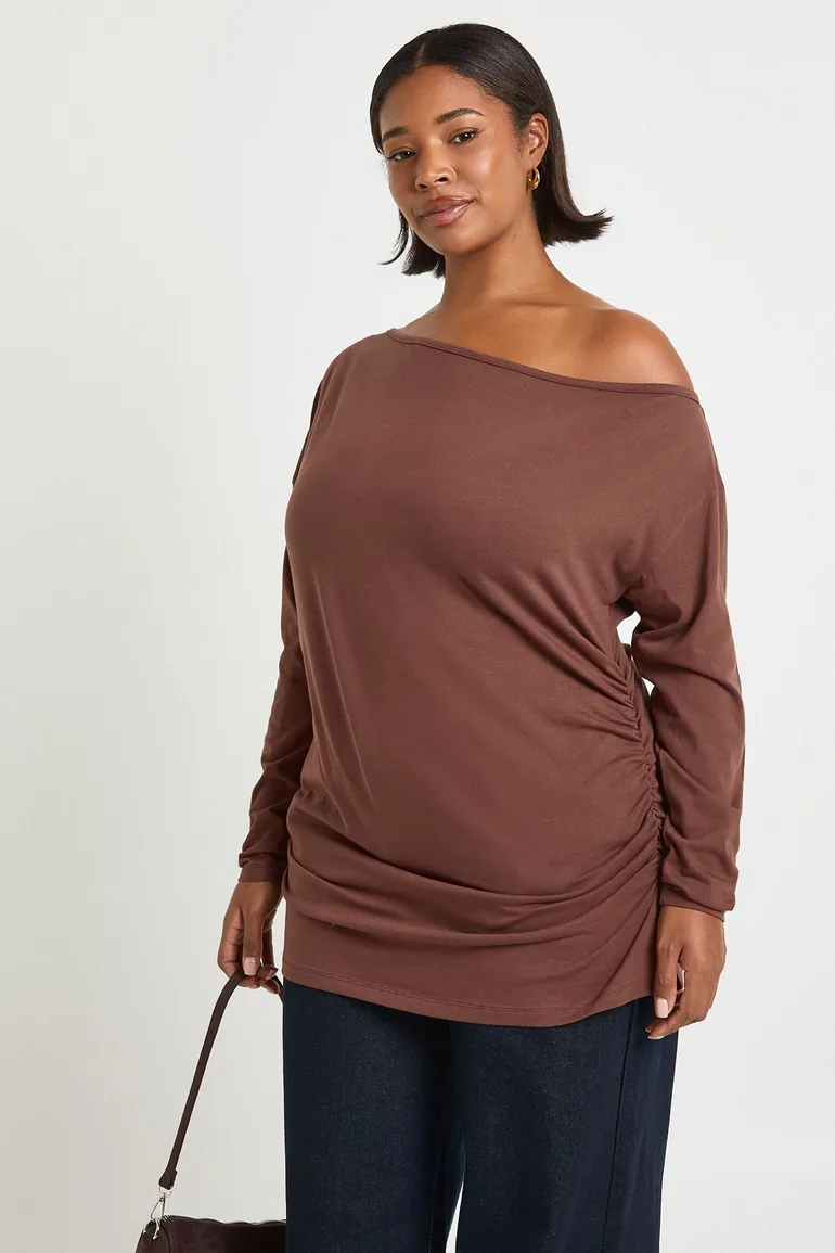 Plus Off The Shoulder Ruched Long Sleeve Top - chocolate