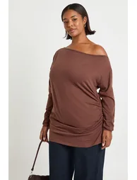 Plus Off The Shoulder Ruched Long Sleeve Top - chocolate
