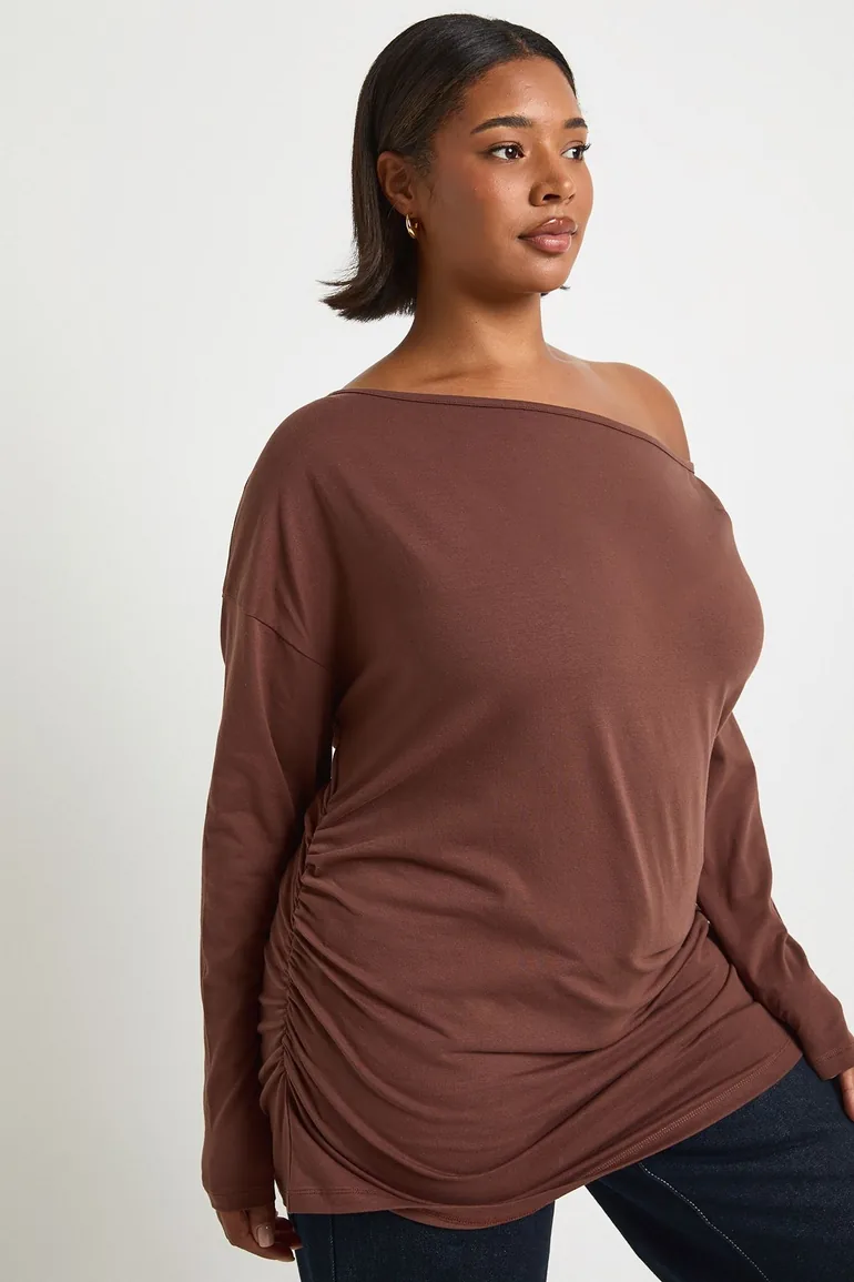 Plus Off The Shoulder Ruched Long Sleeve Top - chocolate - 2