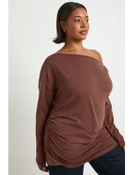 Plus Off The Shoulder Ruched Long Sleeve Top - chocolate - 2