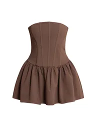 Chocolate Woven Bandeau Corset Frill Hem Mini Dress - 4