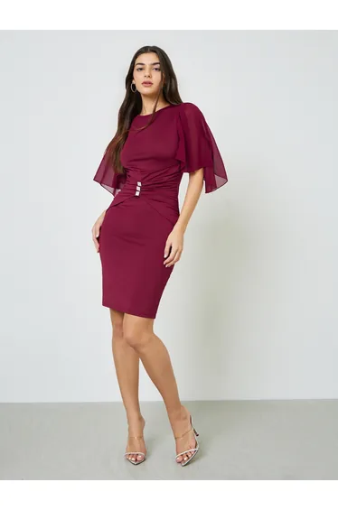 Burgundy Cape Overlay Bodycon Mini Dress