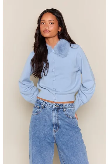 Powder Blue Faux Fur Trim Compact Knit Cardigan