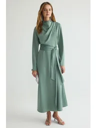 Mint Stand Collar Belted Satin Woven Evening Dress