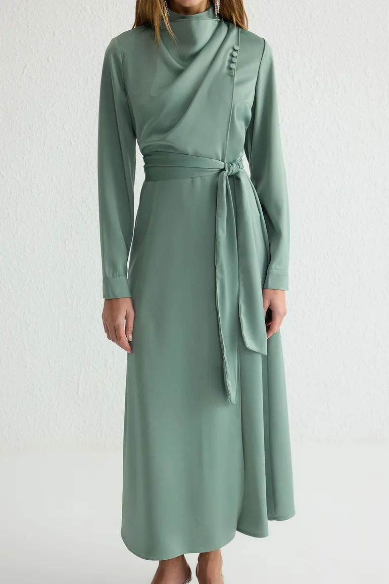 Mint Stand Collar Belted Satin Woven Evening Dress - 2