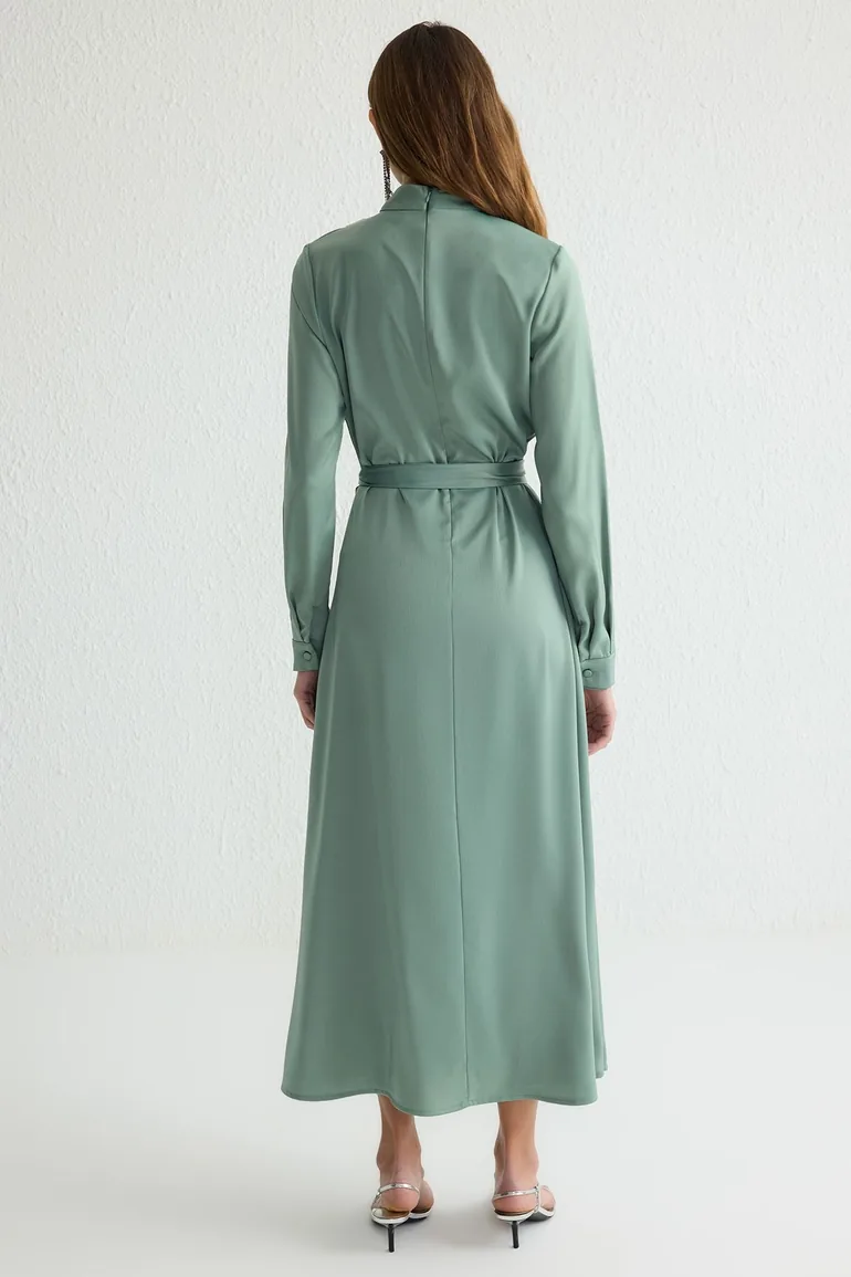 Mint Stand Collar Belted Satin Woven Evening Dress - 4