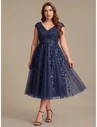 Sleeveless V-Neck Sequin A-Line Midi Wedding Guest Dress - 5