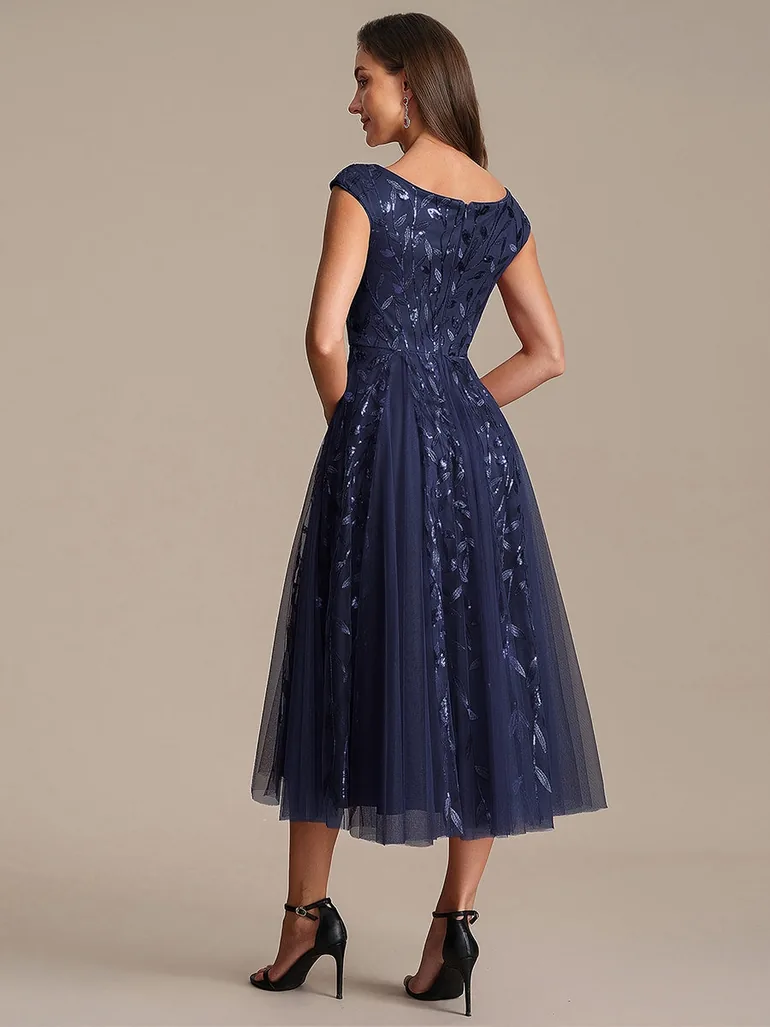 Sleeveless V-Neck Sequin A-Line Midi Wedding Guest Dress - 1