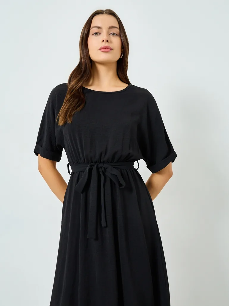 Black Short Sleeve Wait Tie Midi Dress - 2