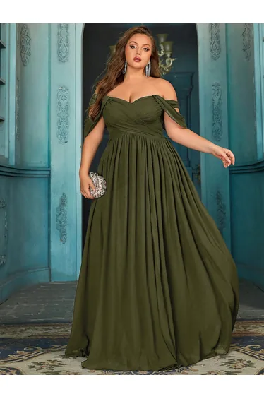 QOQ Plus Size Green Off-Shoulder Chiffon Dress