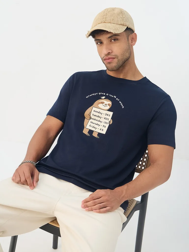 Navy Blue Sloth Print Cotton T-Shirt - 2