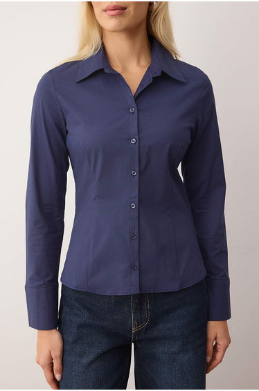 Wardrobe Essentials Navy Lightweight Fitted Cotton Woven Shirt product thumbnail 3