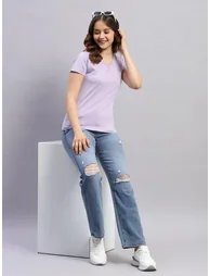 Women Lavender Solid V Neck Short Sleeve Top - 4
