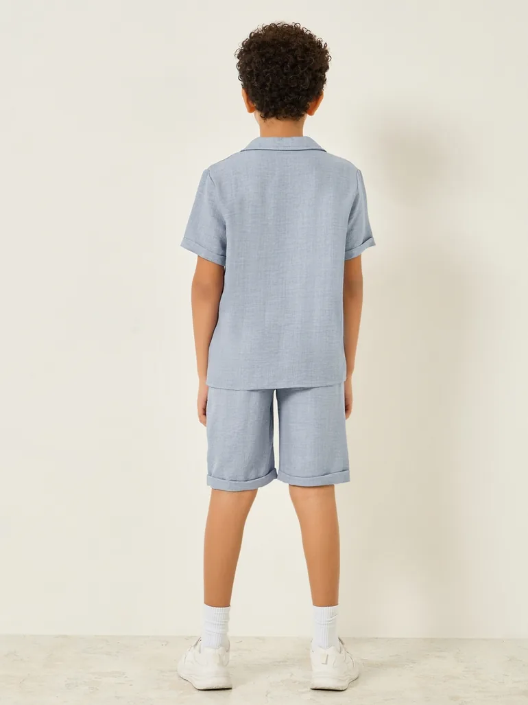 Boys Blue Solid Shirt and Shorts Set - 4