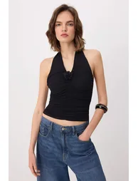Black Fitted/Bodycon Halter Neck Soft Knitted Blouse with Accessories